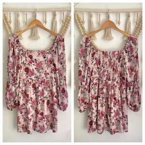Nordstrom mauve floral mini dress fall puff sleeves chiffon square neck Medium